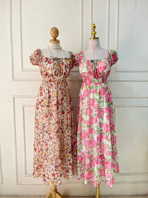 Spring Floral Square Neck Long Maxi Dress